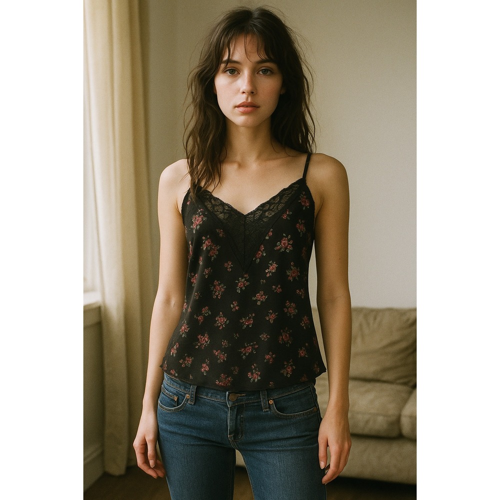 VTG Y2K Rue 21 Black Dark Romantic Rose Print Chiffon Coquette Fairy Lace Top SM